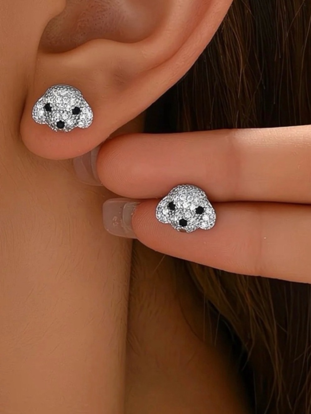 Sparkling Puppy Face Stud Earrings - Silver Tone